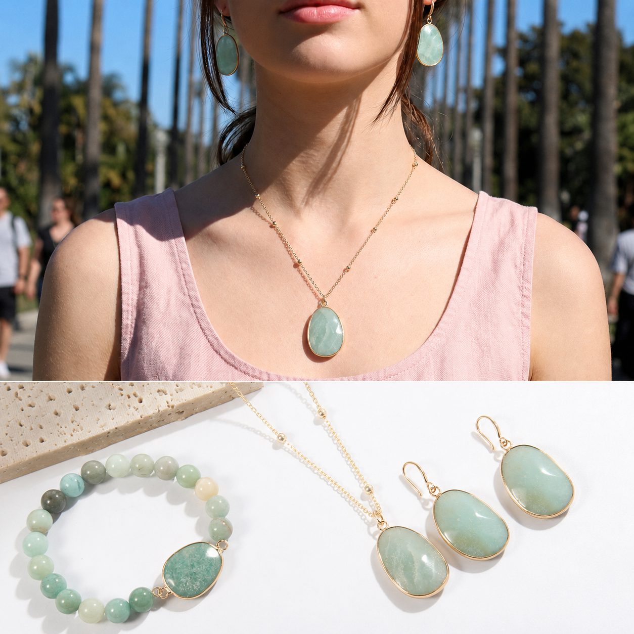 Ensemble Collier,Bracelet et Boucles d’oreilles en pierre naturelle pour femmes